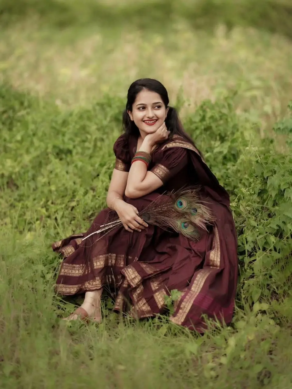 Dark Maroon with Antique Gold border Kanjivaram Silk Lehenga